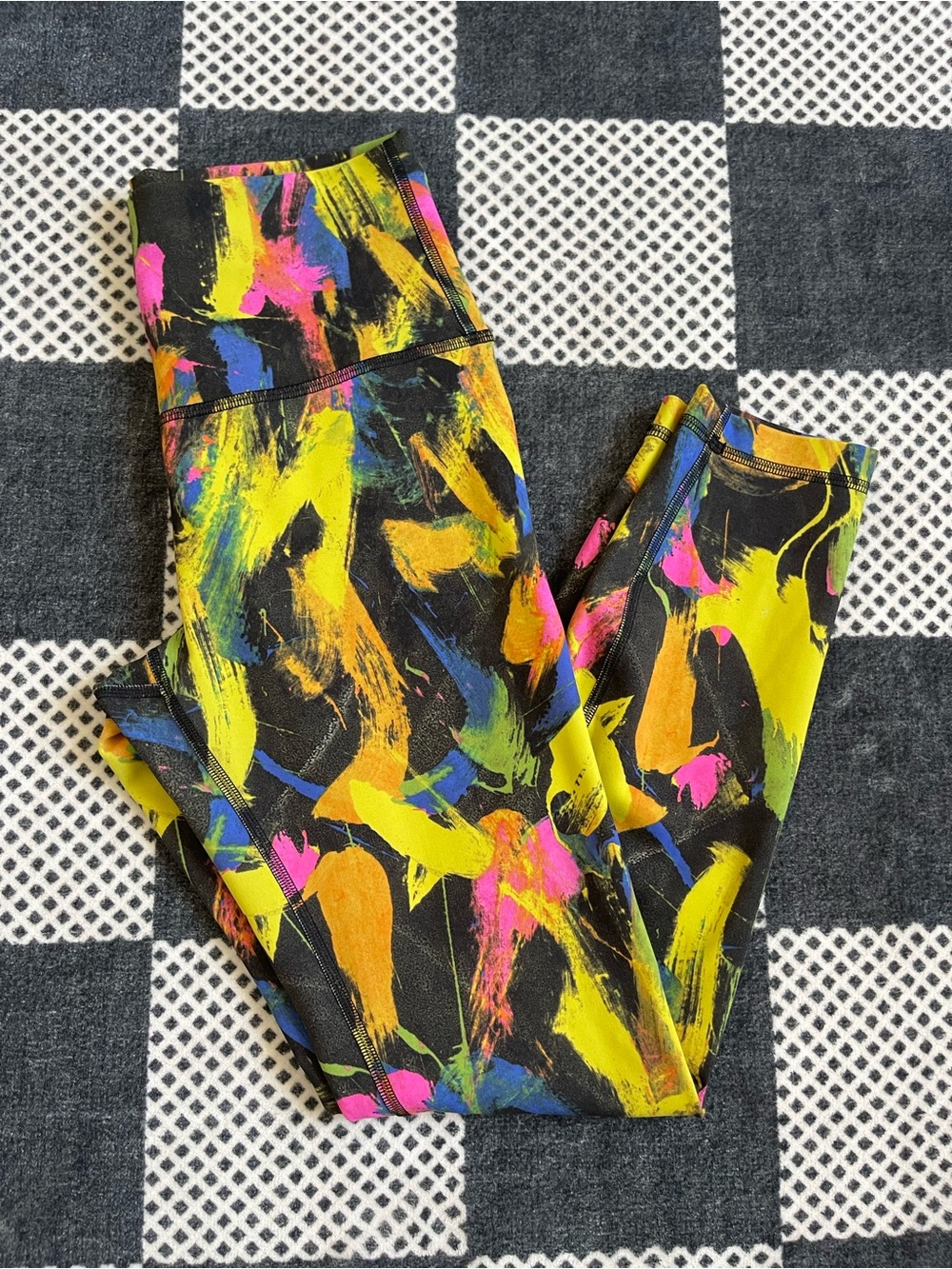 lululemon athletica Black Leggings with Neon Yellow Pink Blue Paint-Brush Print